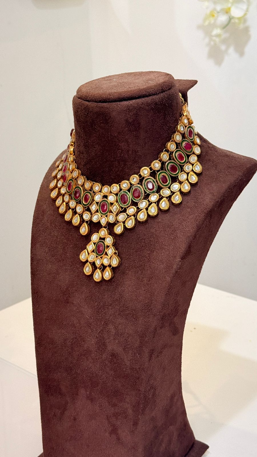Ruby Green Gold Kundan Choker Necklace with Drop Pendant