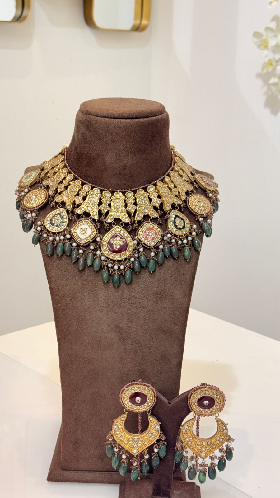Royal Gold Kundan Choker Necklace Set with Green Bead Drops and Matching Earrings