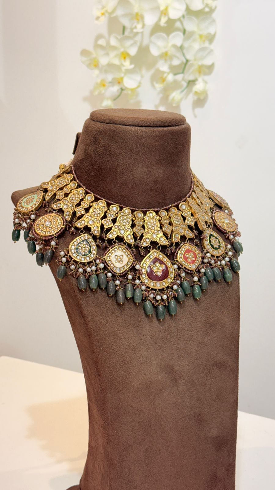 Royal Gold Kundan Choker Necklace Set with Green Bead Drops and Matching Earrings