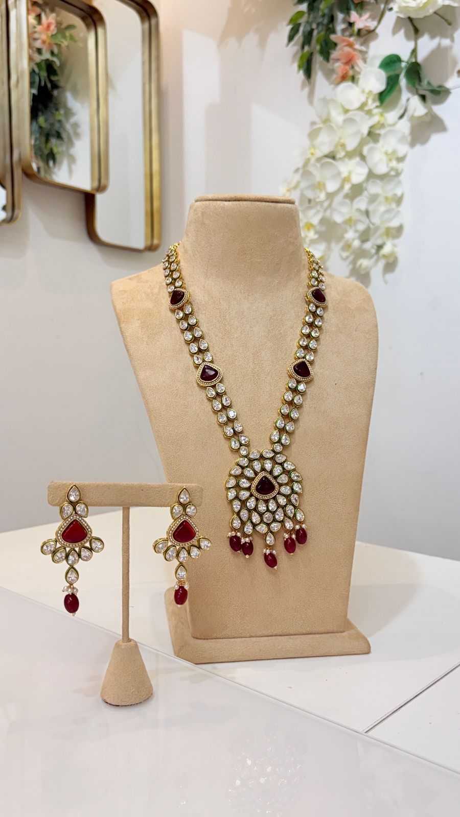 Ruby Red Kundan Necklace Set with Matching Drop Earrings