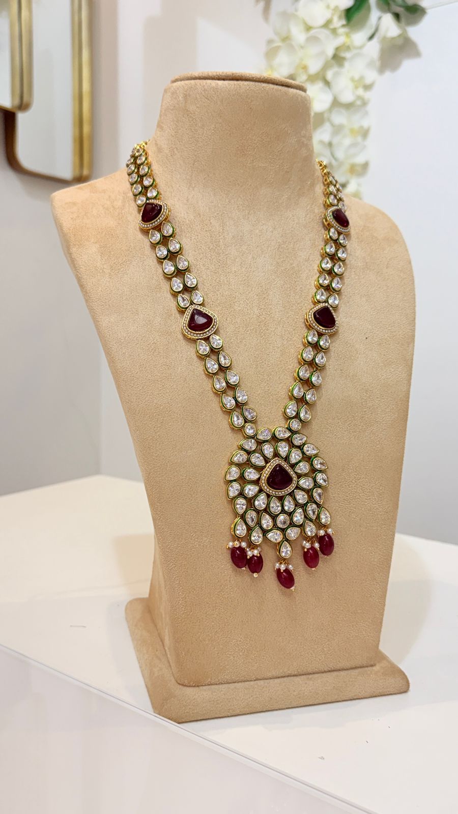 Ruby Red Kundan Necklace Set with Matching Drop Earrings
