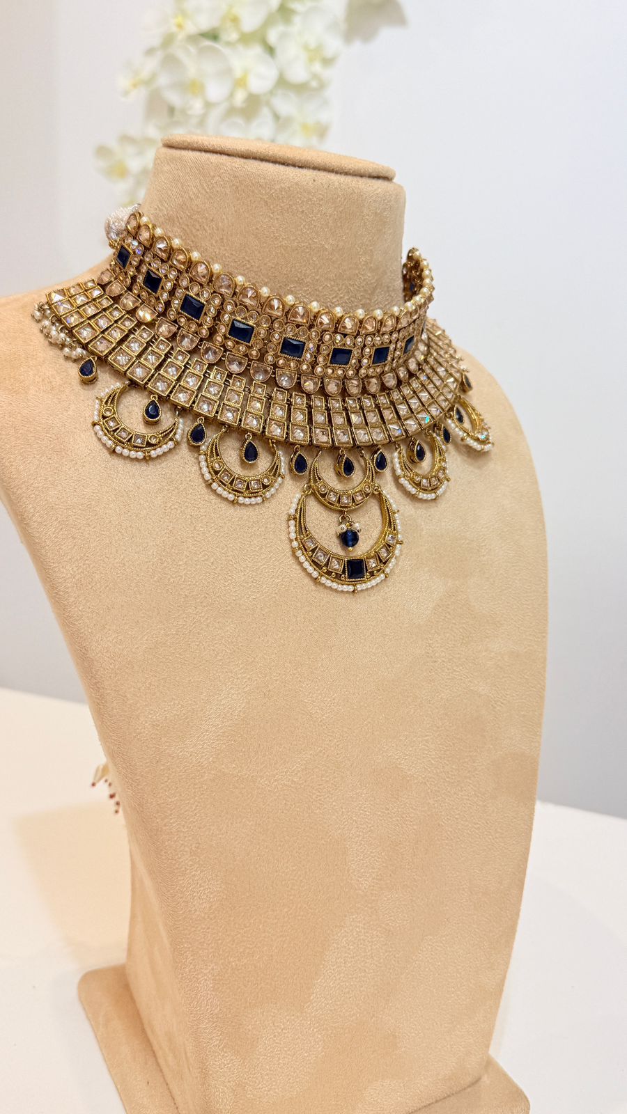 Navy Blue Stone Heritage Choker with Earrings and Maang Tikka