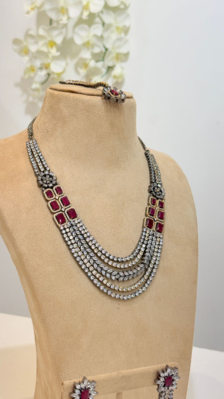 Ruby Stone Silver Layered Necklace Set with Earrings and Tikka