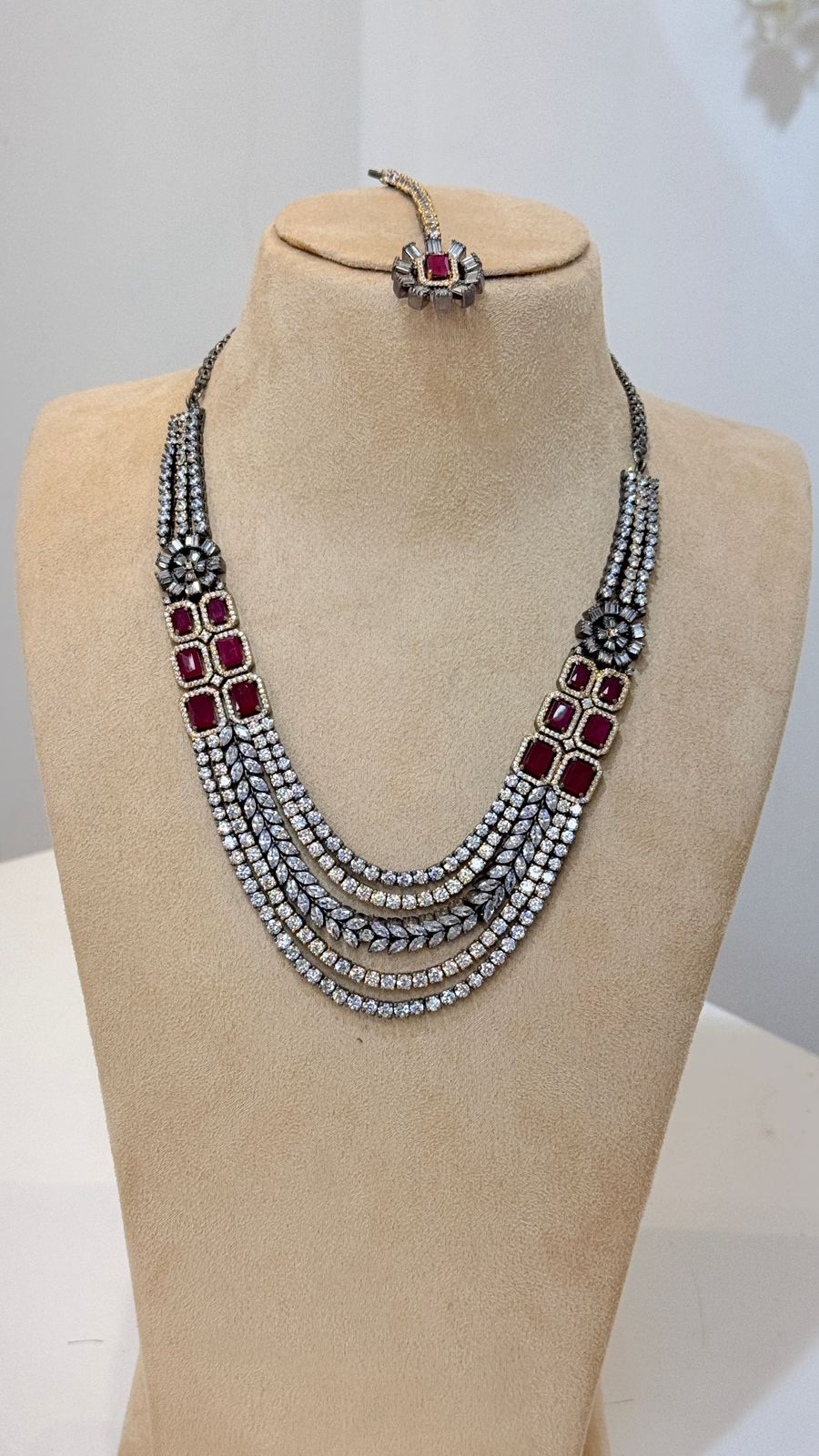 Ruby Stone Silver Layered Necklace Set with Earrings and Tikka