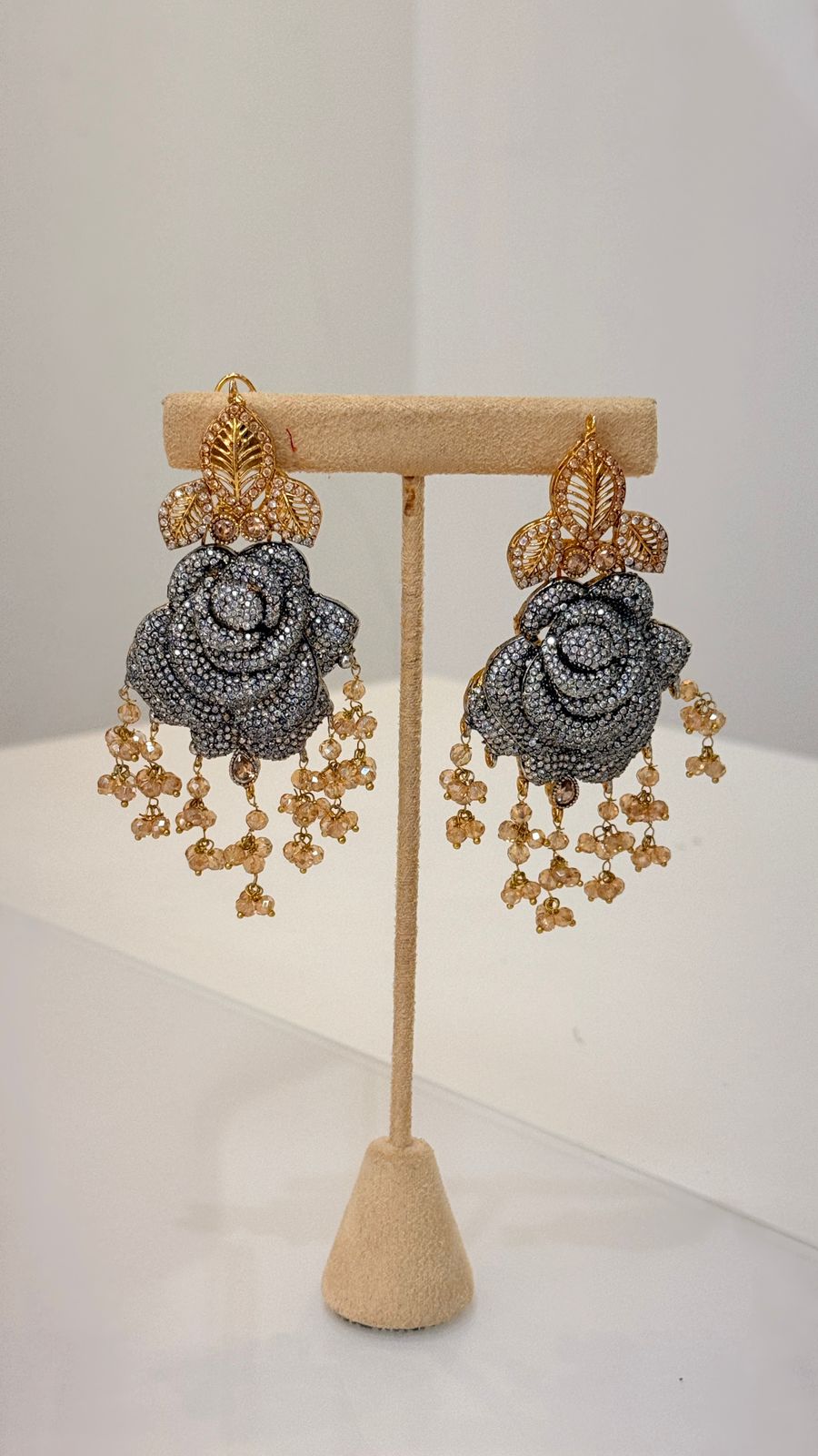 Silver Rose Pearl Layered Bridal Set with Gold Floral Earrings