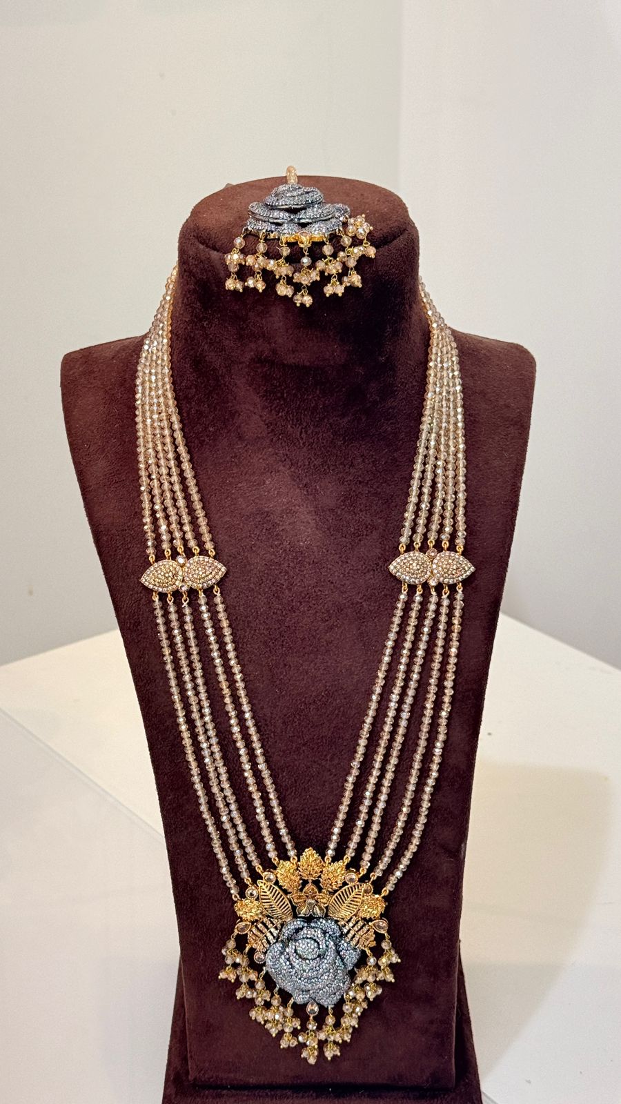 Silver Rose Pearl Layered Bridal Set with Gold Floral Earrings