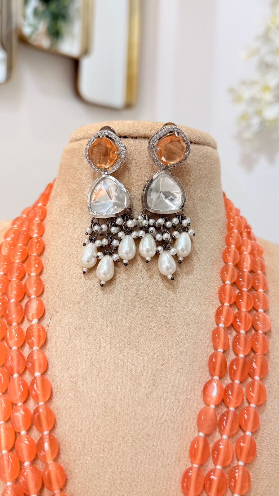 Orange Beaded Statement Necklace Set with Pearl Drop Earrings