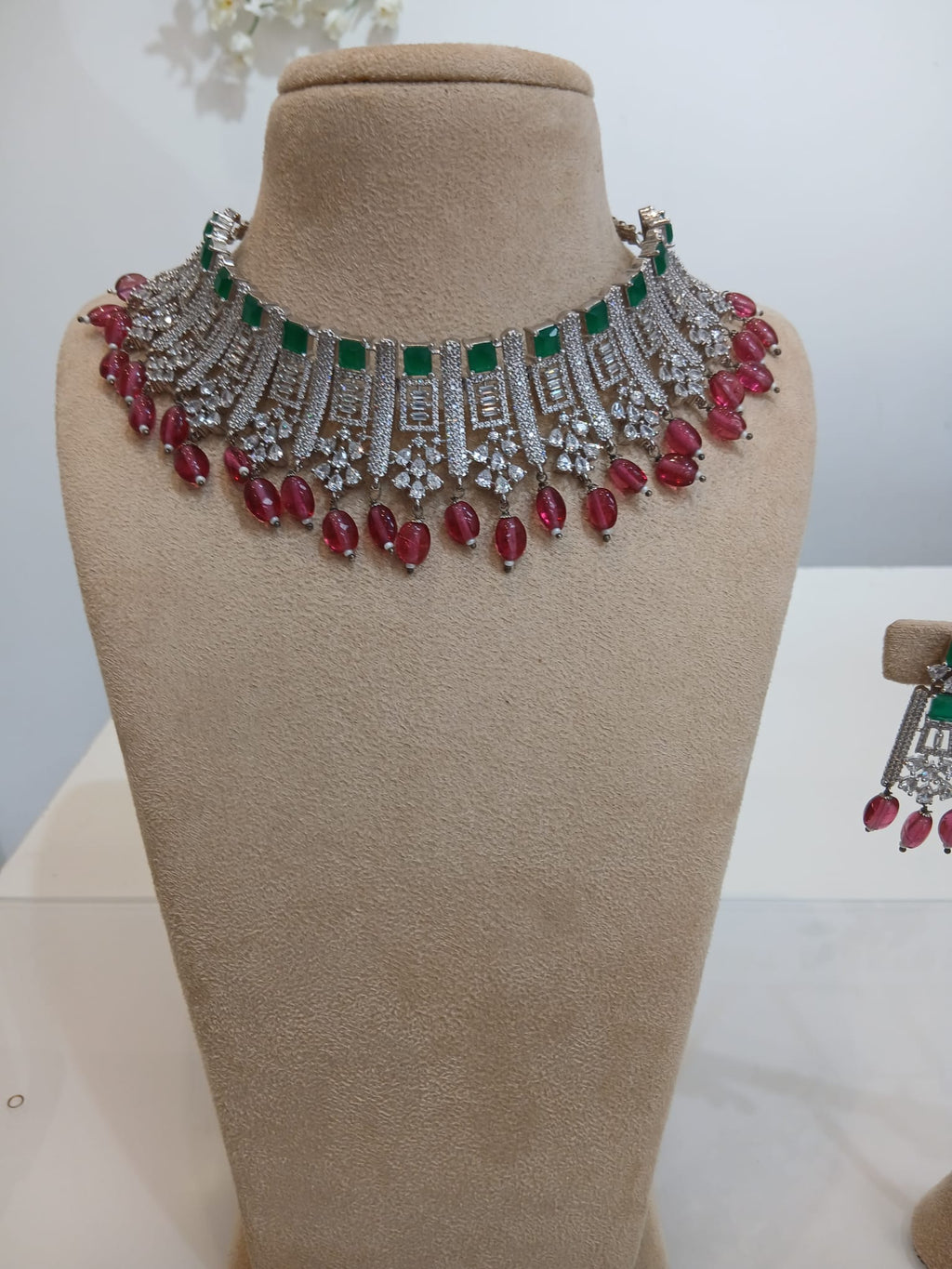 Emerald Pink Stone Silver Choker Set with Matching Earrings