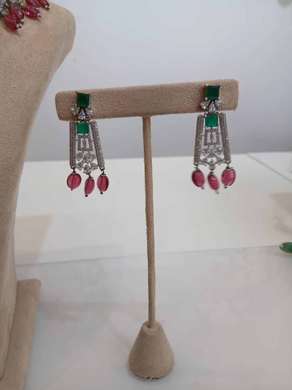 Emerald Pink Stone Silver Choker Set with Matching Earrings