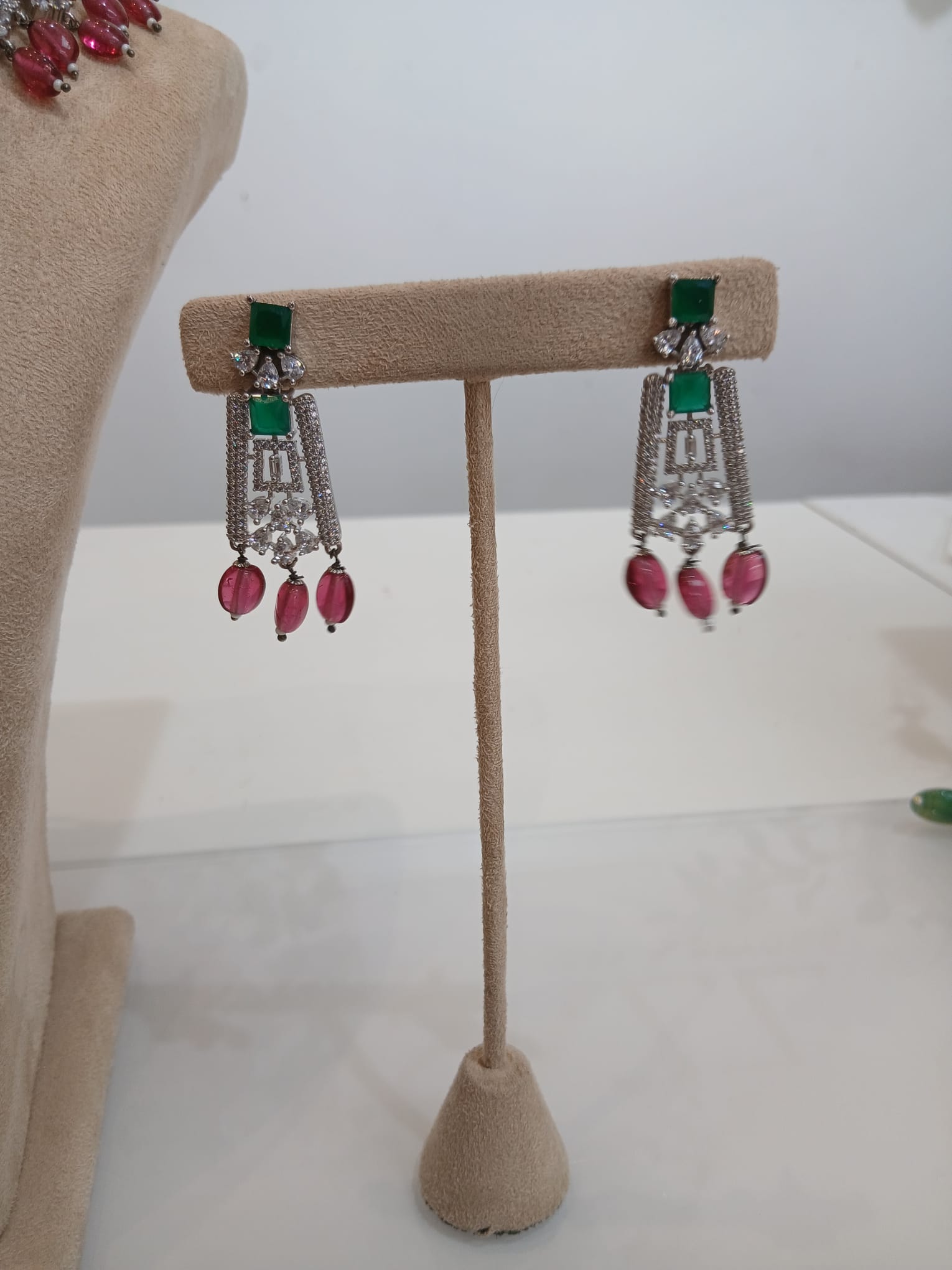 Emerald Pink Stone Silver Choker Set with Matching Earrings