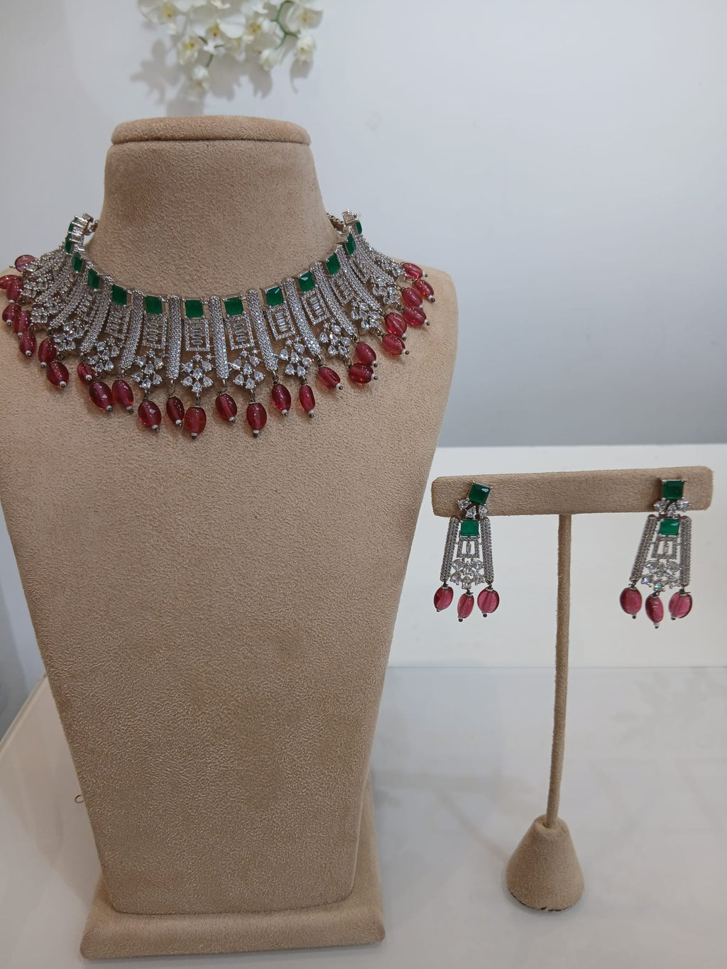 Emerald Pink Stone Silver Choker Set with Matching Earrings