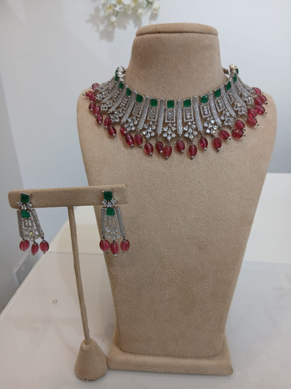 Emerald Pink Stone Silver Choker Set with Matching Earrings