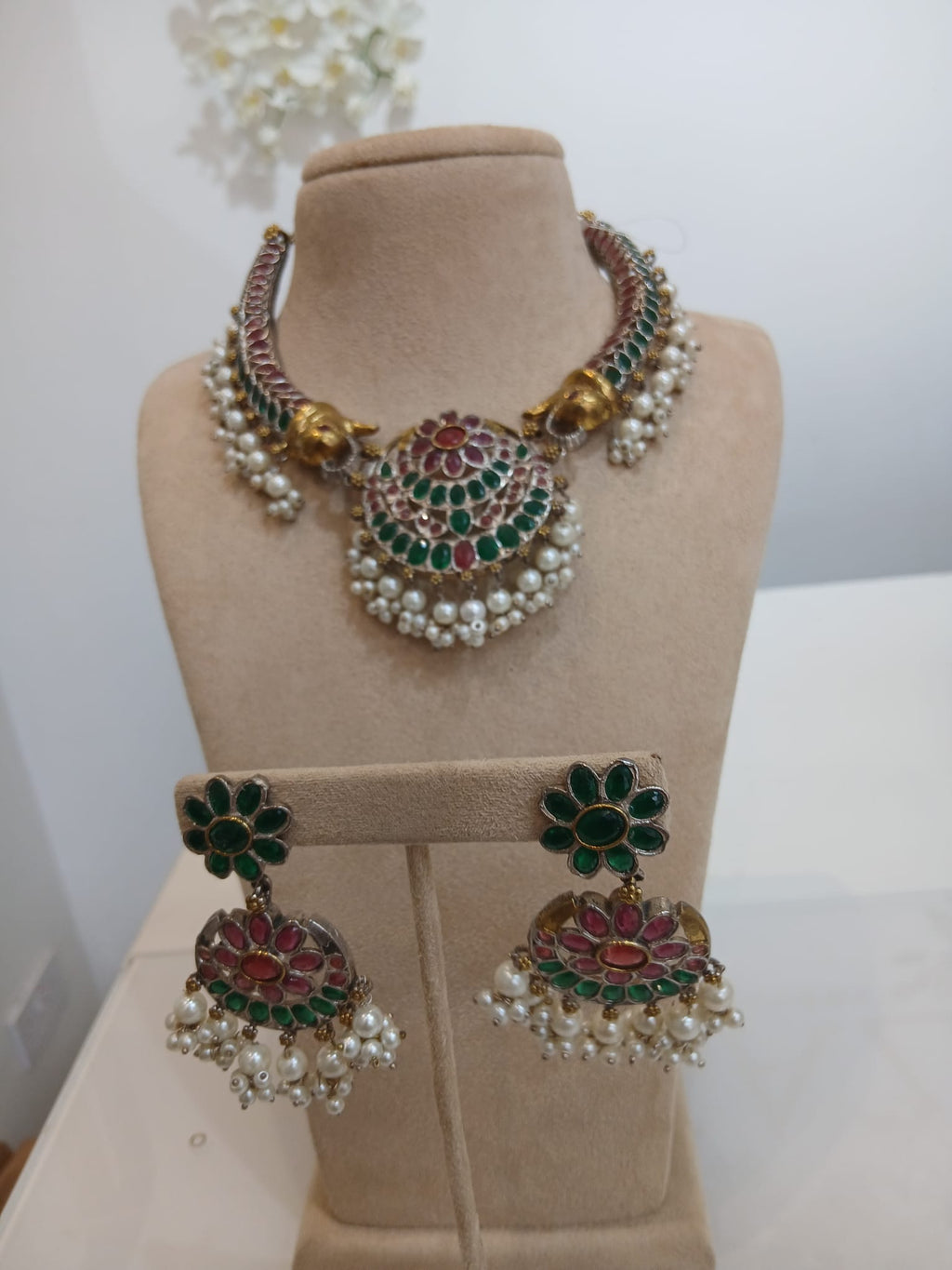 Peacock Style Green Pink Kundan Choker Set with Pearl Earrings