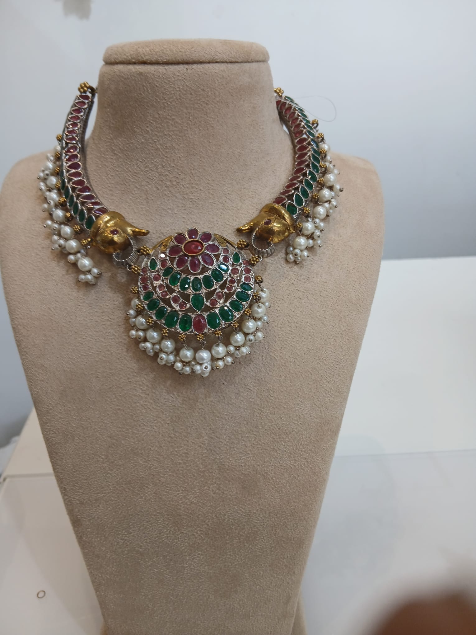 Peacock Style Green Pink Kundan Choker Set with Pearl Earrings
