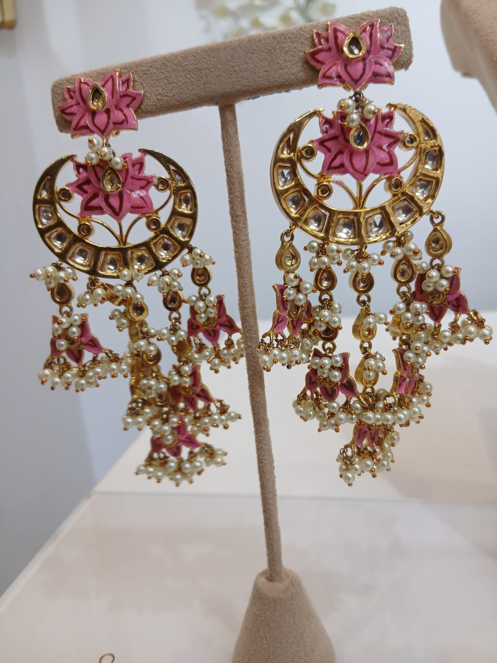 Pink Lotus Gold Choker Set with Pearl Jhumka Earrings