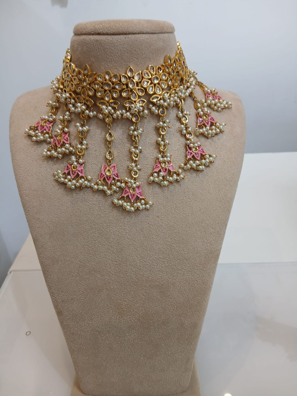 Pink Lotus Gold Choker Set with Pearl Jhumka Earrings