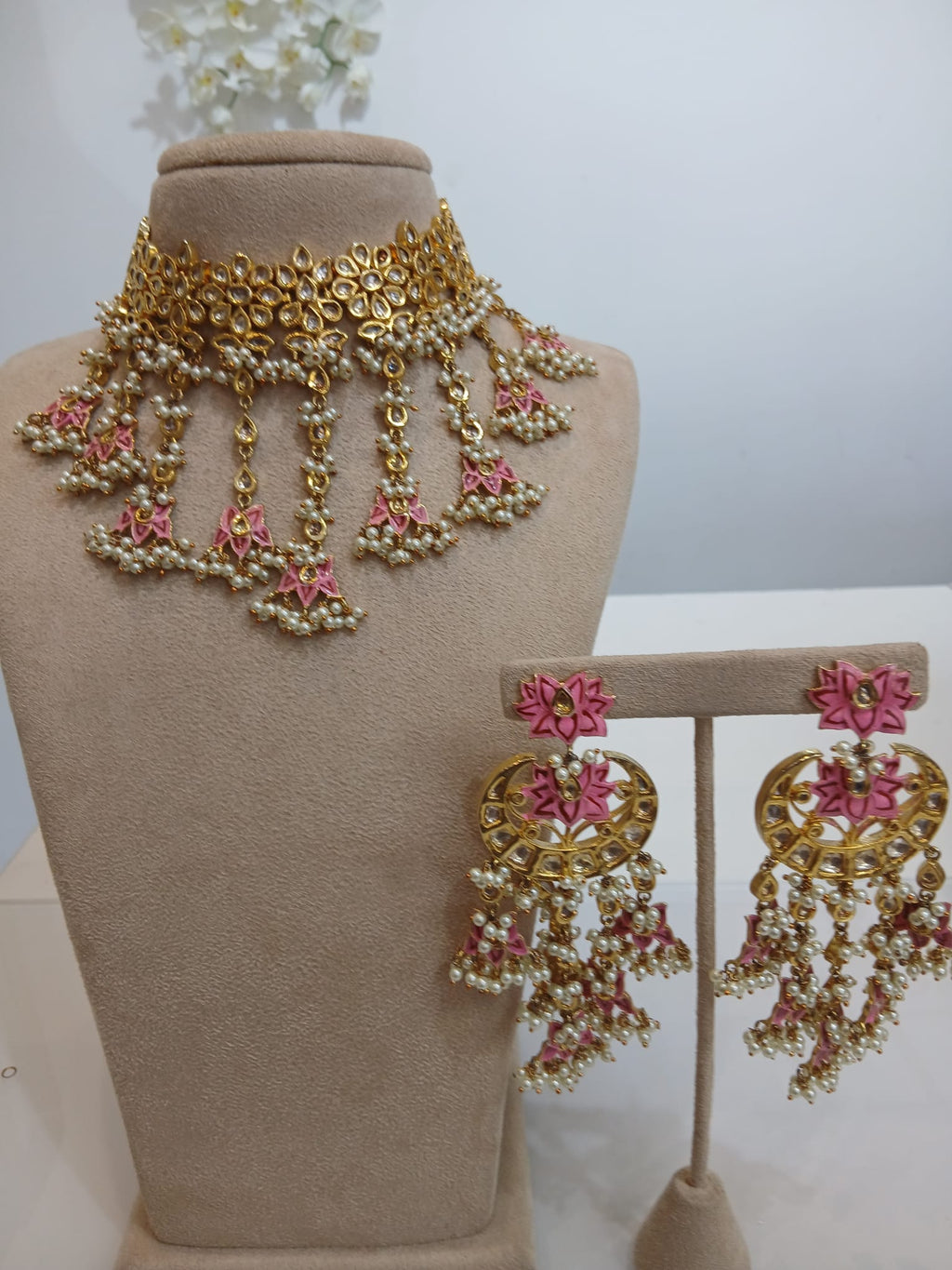 Pink Lotus Gold Choker Set with Pearl Jhumka Earrings