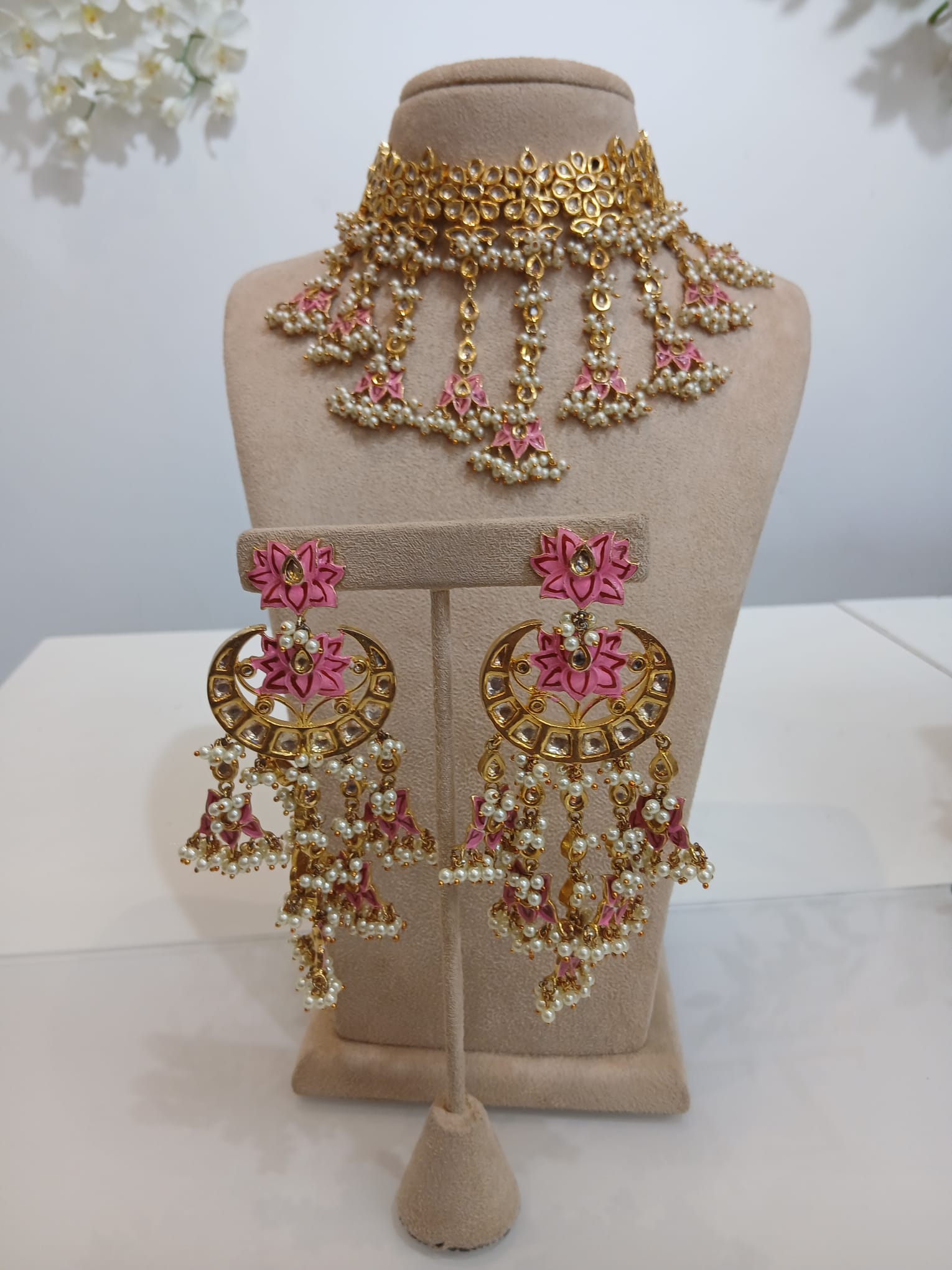 Pink Lotus Gold Choker Set with Pearl Jhumka Earrings