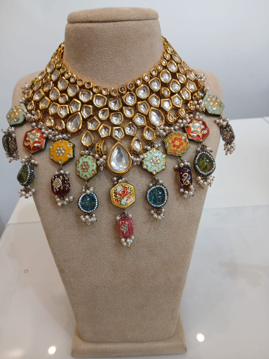 Heritage Gold Polki Choker Set with Multicolour Enamel Drops