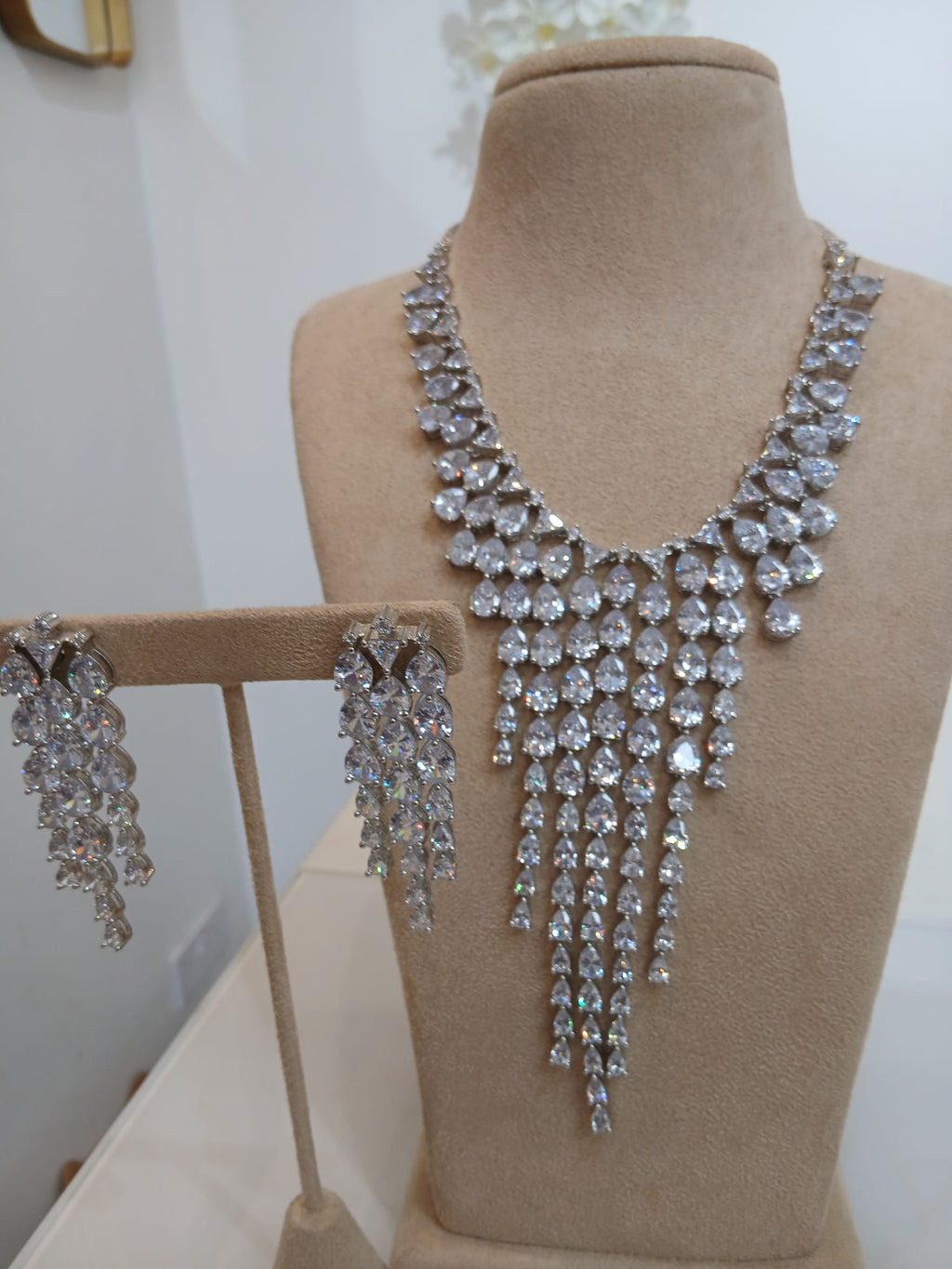 Silver Crystal Waterfall Necklace Set with Matching Drop Earrings