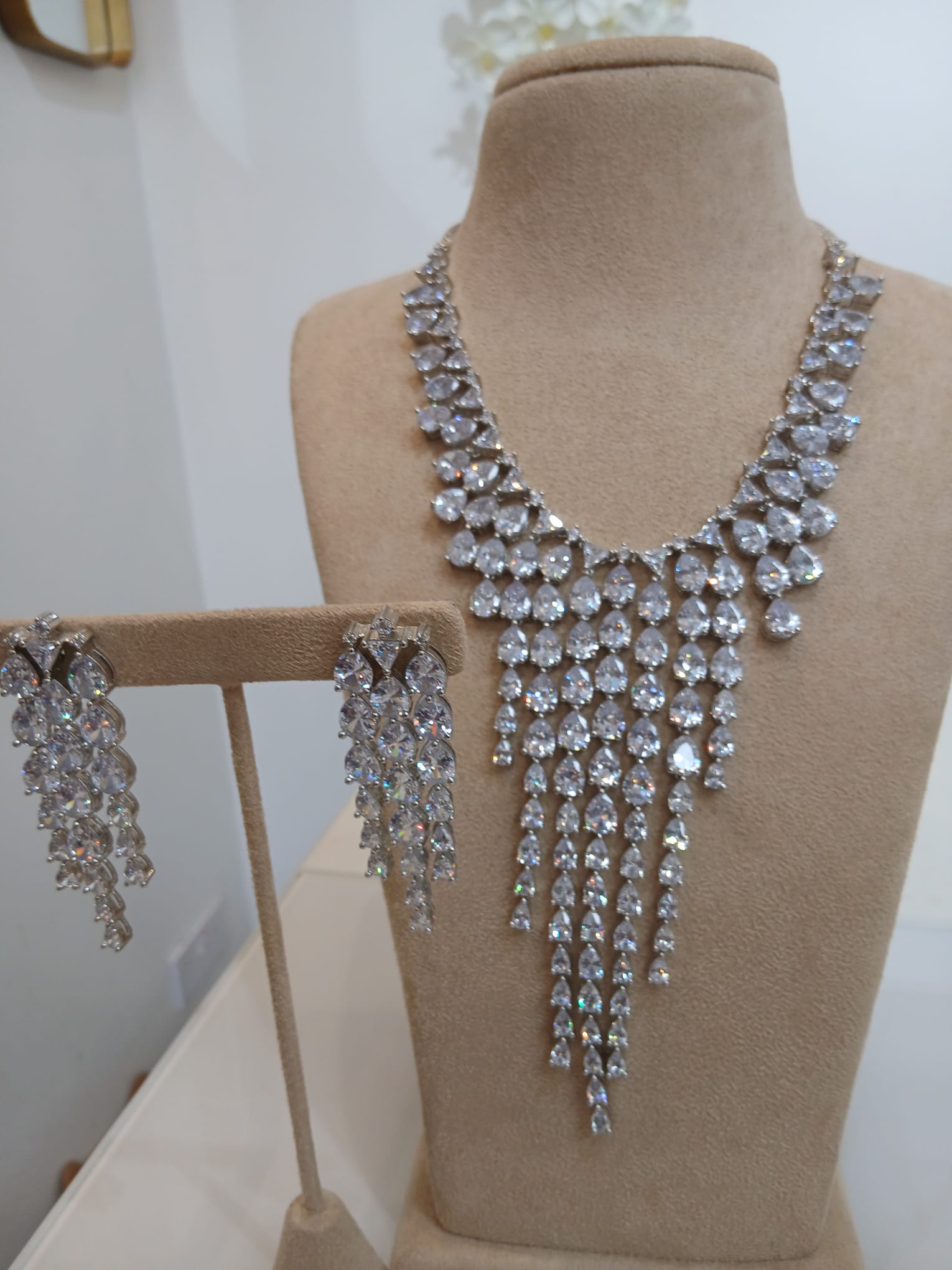 Silver Crystal Waterfall Necklace Set with Matching Drop Earrings