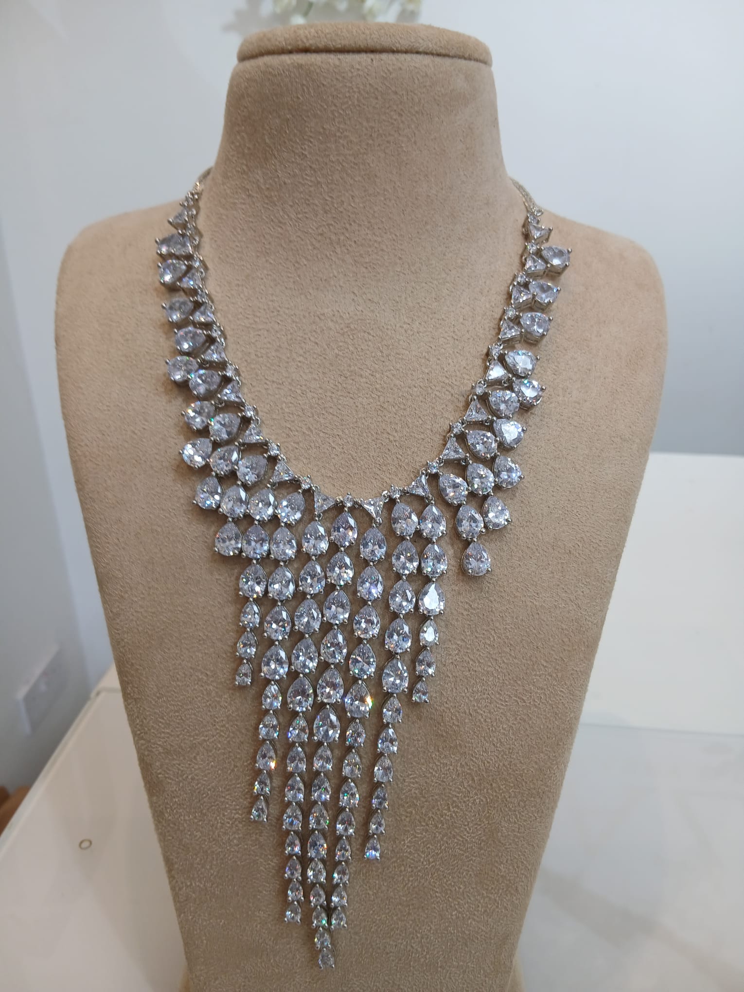 Silver Crystal Waterfall Necklace Set with Matching Drop Earrings