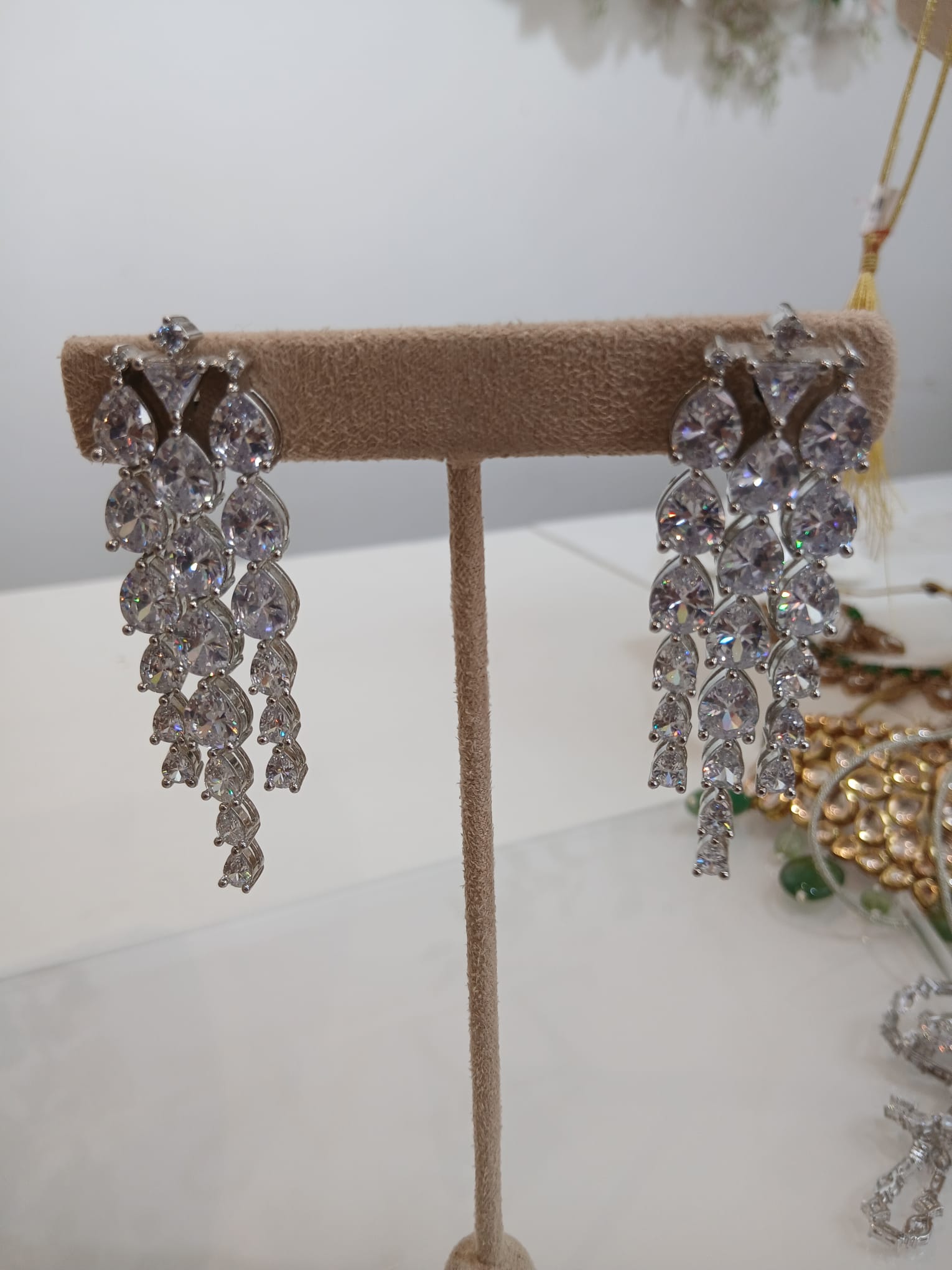 Silver Crystal Waterfall Necklace Set with Matching Drop Earrings