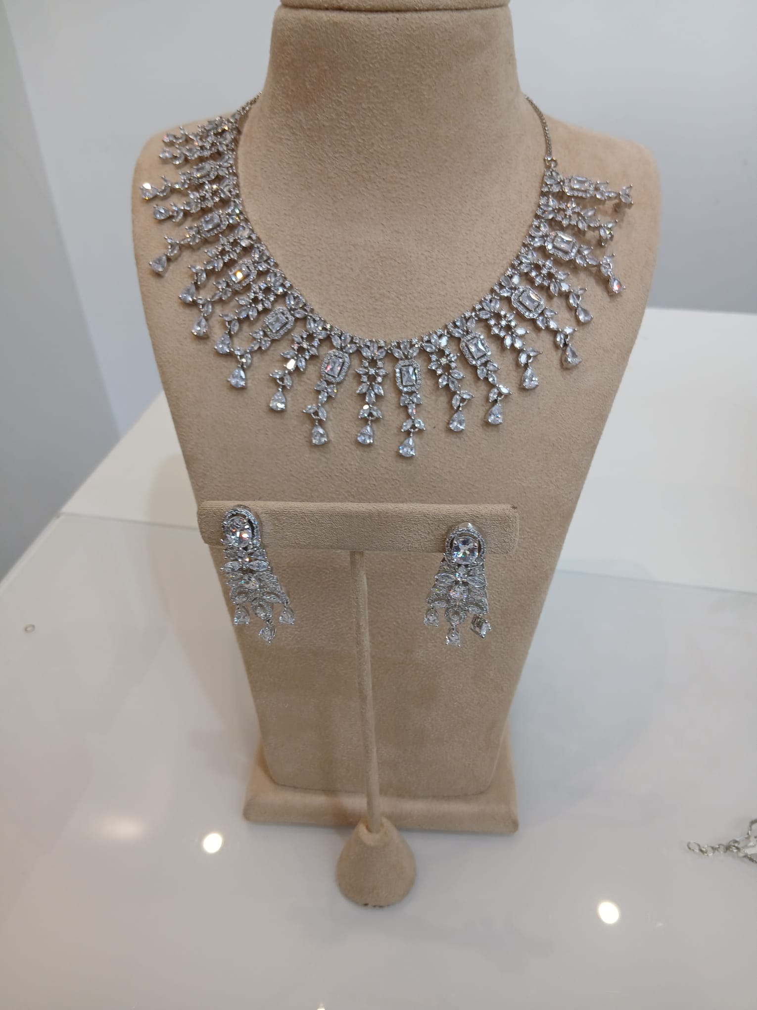 Silver Diamond-Style Cascade Necklace Set with Matching Earrings