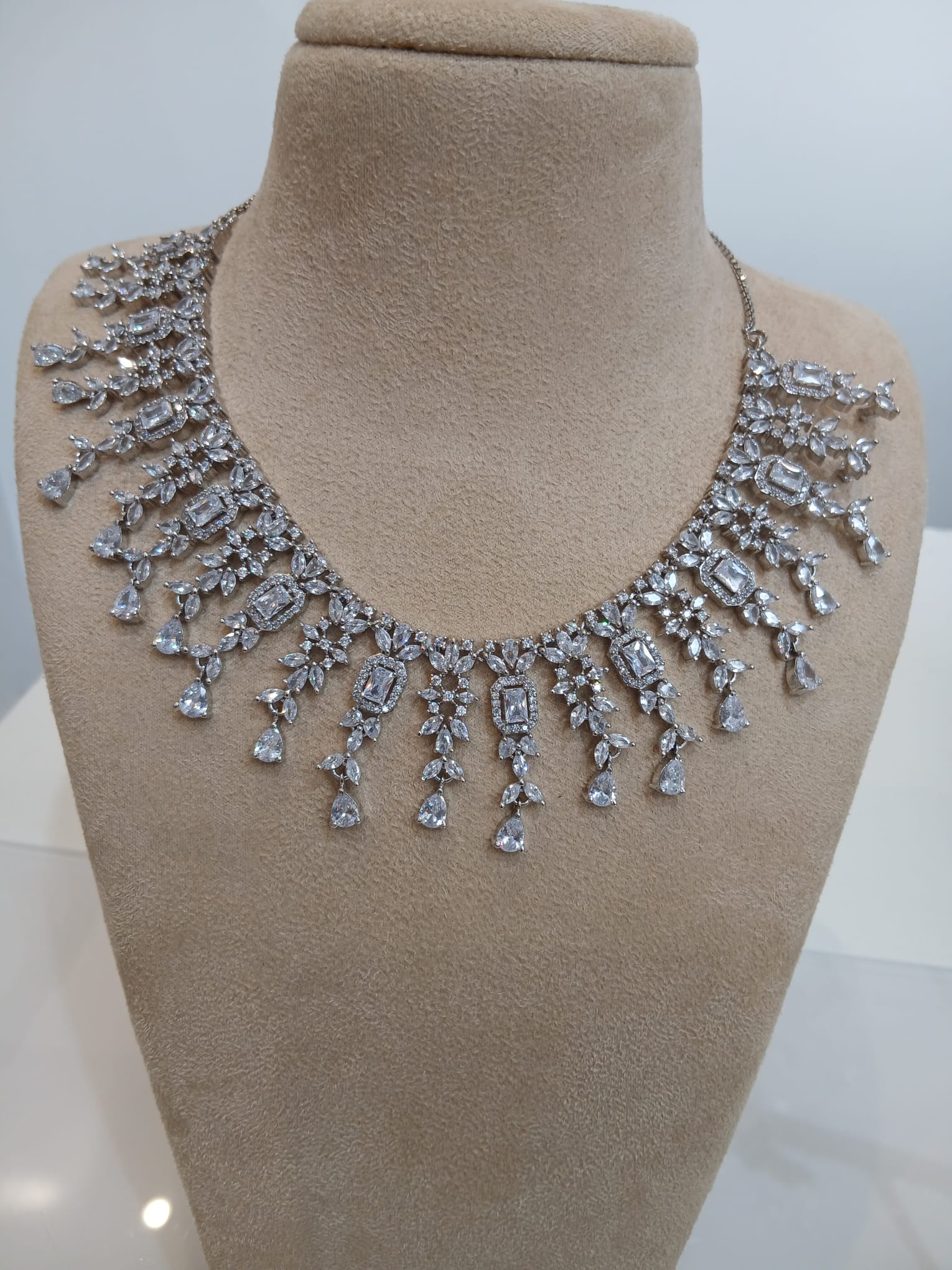Silver Diamond-Style Cascade Necklace Set with Matching Earrings