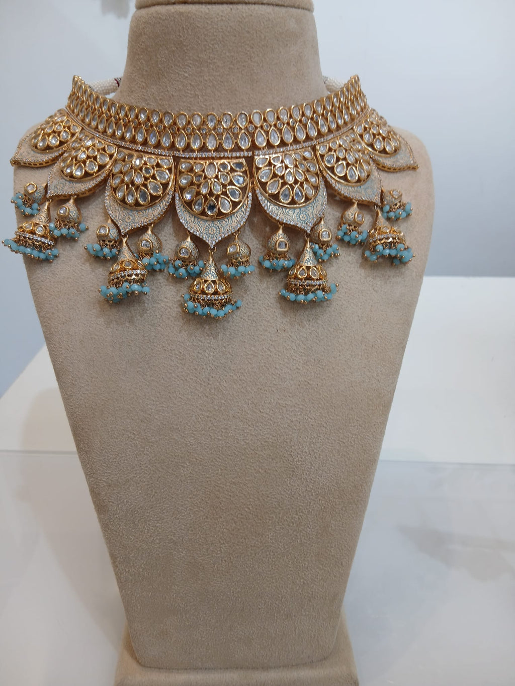 Aqua Blue Jhumka Gold Choker Set with Statement Earrings