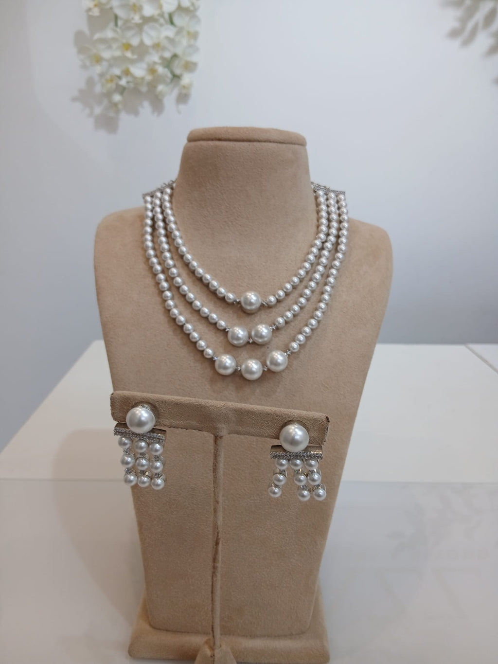 Classic Multi-Layer Pearl Necklace Set with Matching Earrings