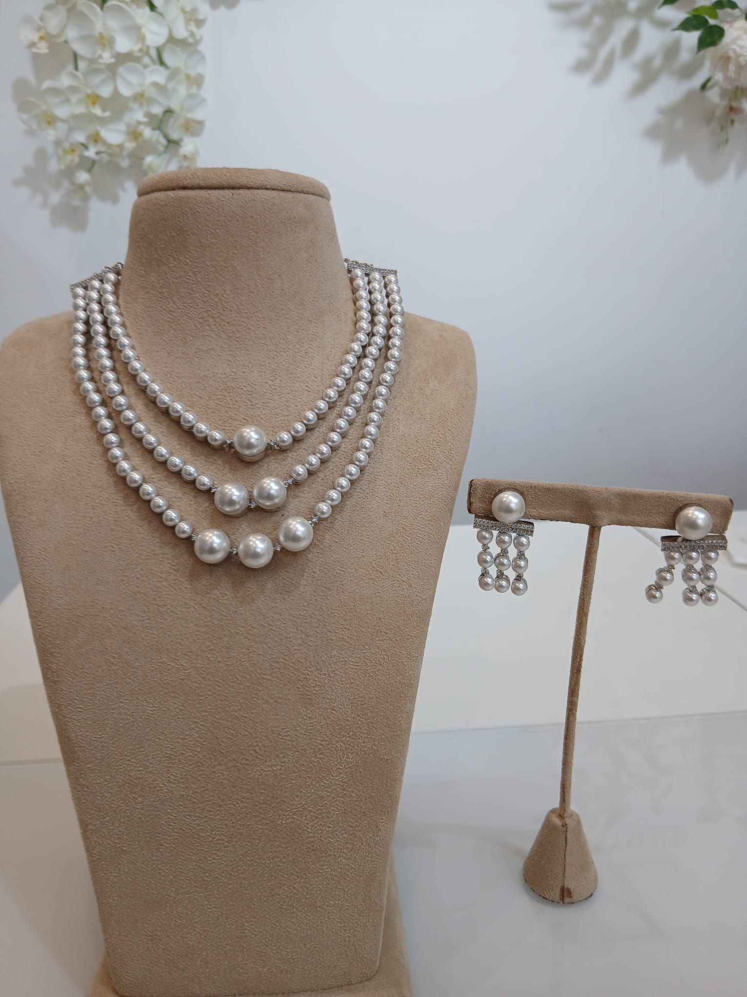 Classic Multi-Layer Pearl Necklace Set with Matching Earrings