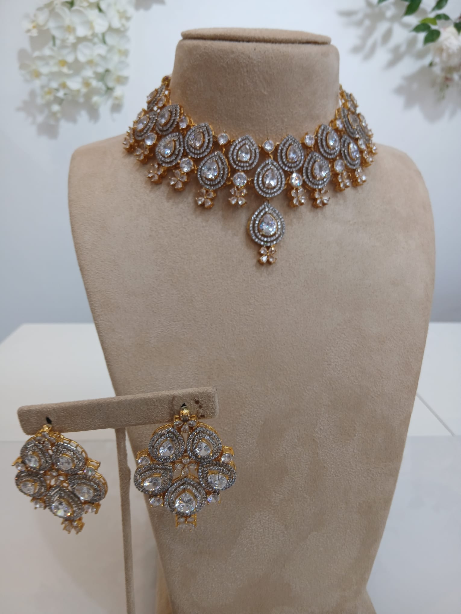 Champagne Gold Teardrop Choker Set with Crystal Earrings