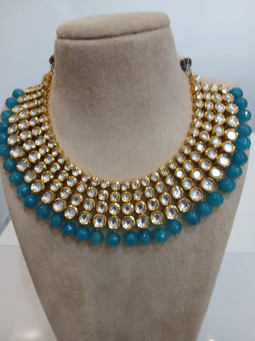 Aqua Bead Polki Collar Necklace Set with Matching Earrings