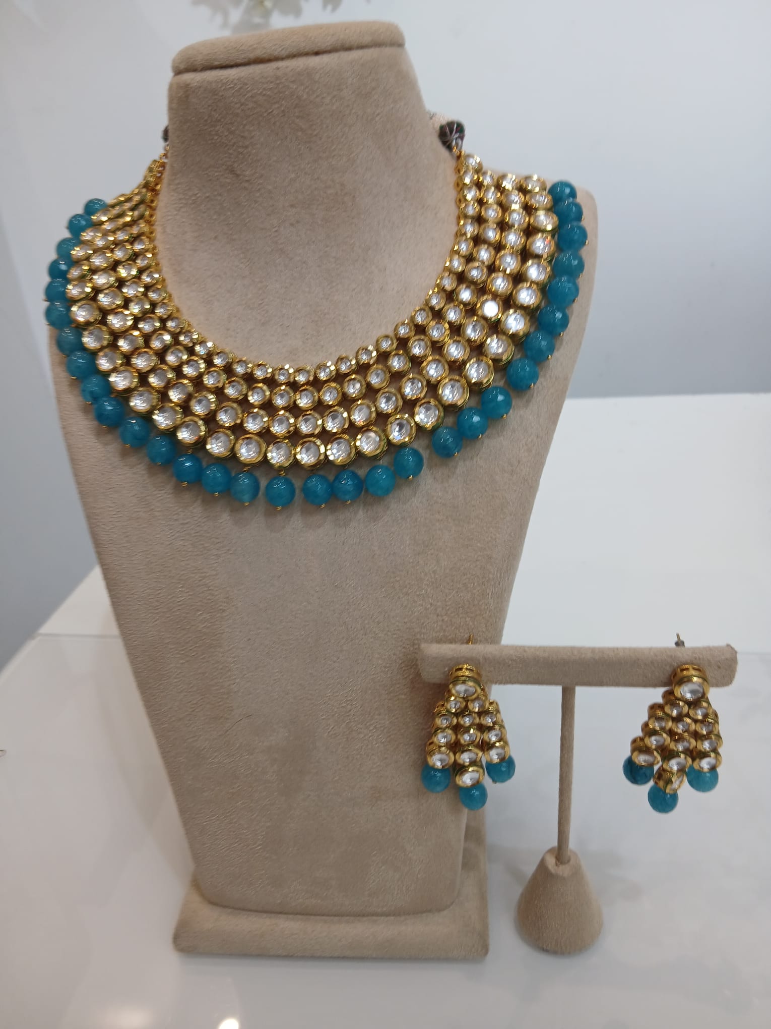 Turquoise Bead Gold Kundan Collar Set with Matching Earrings