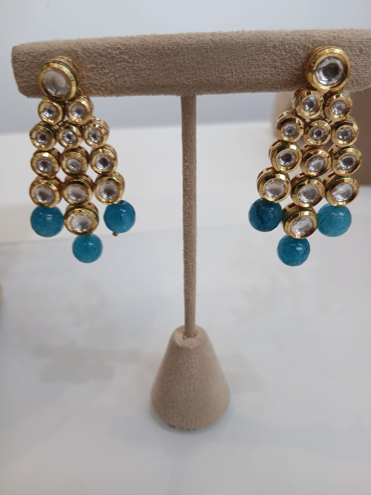 Aqua Bead Polki Collar Necklace Set with Matching Earrings