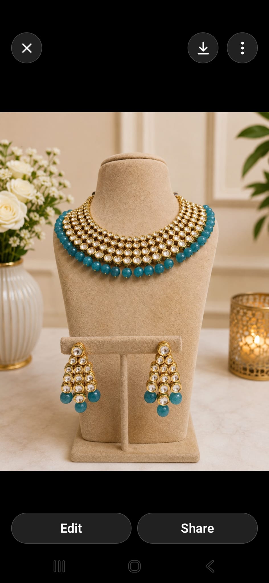 Aqua Bead Polki Collar Necklace Set with Matching Earrings