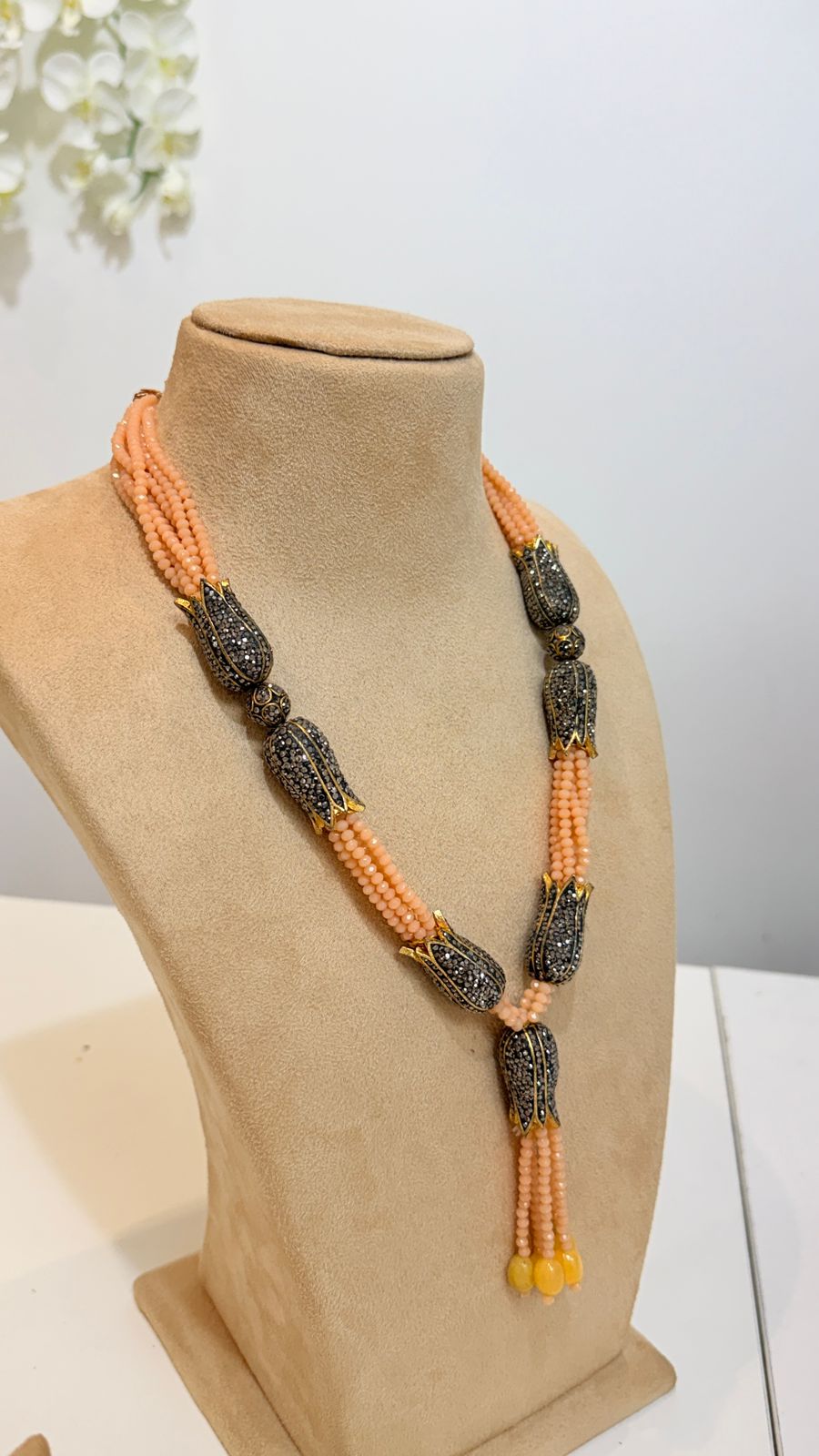 Peach Beaded Tassel Necklace Set with Yellow Drop Earrings