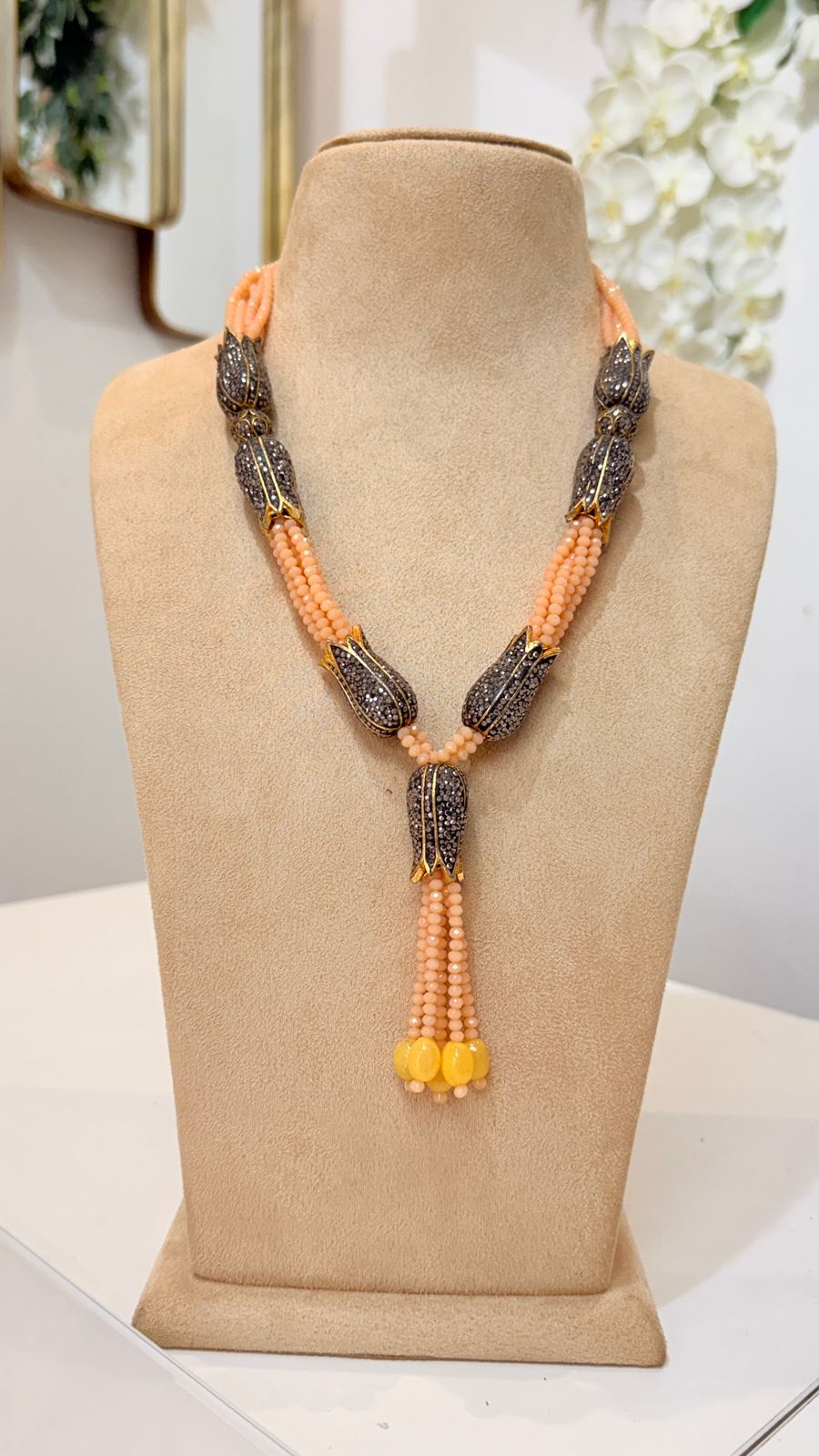 Peach Beaded Tassel Necklace Set with Yellow Drop Earrings