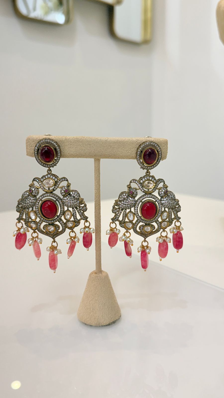 Rose Pink Antique Kundan Necklace Set with Statement Earrings