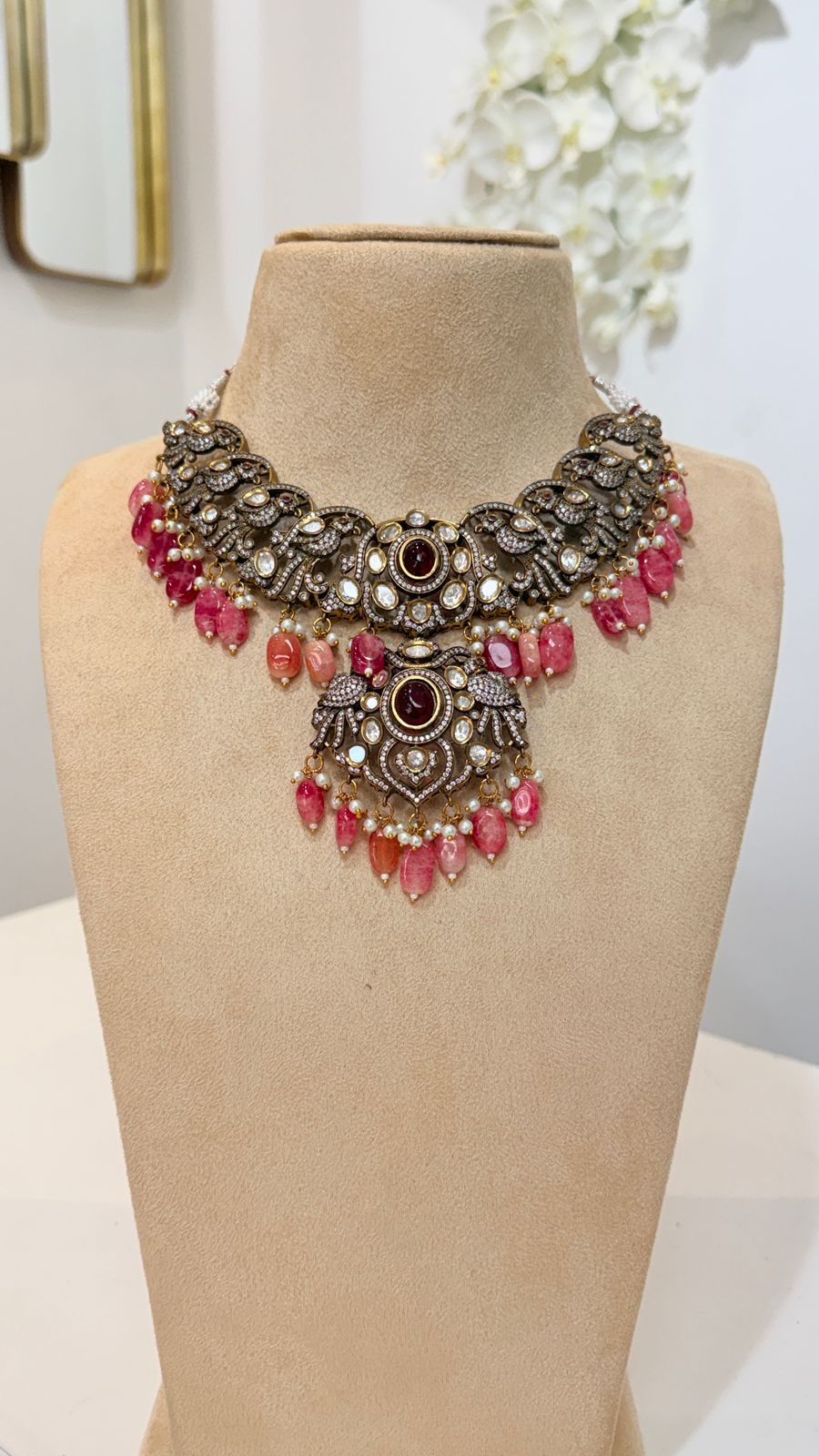 Rose Pink Antique Kundan Necklace Set with Statement Earrings