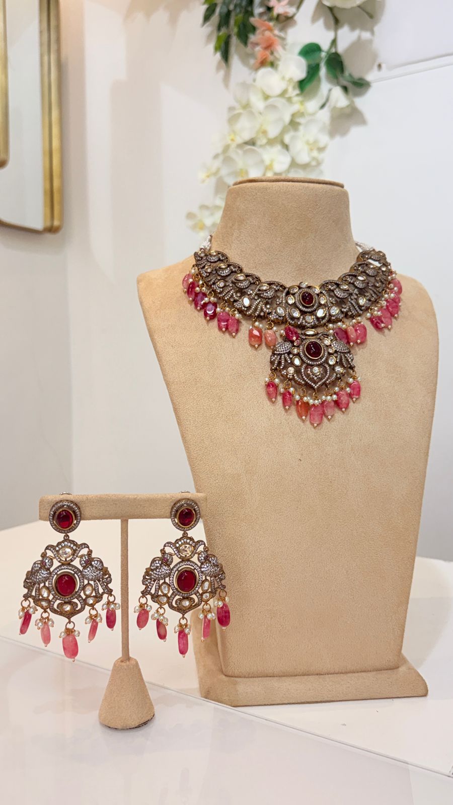 Rose Pink Antique Kundan Necklace Set with Statement Earrings