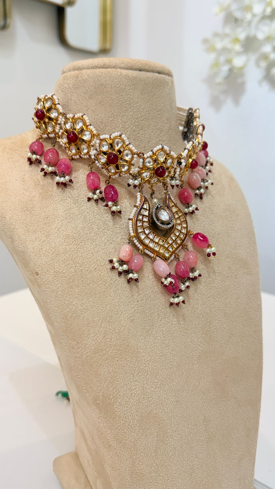Pink Bead Kundan Choker Set with Matching Chandbali Earrings