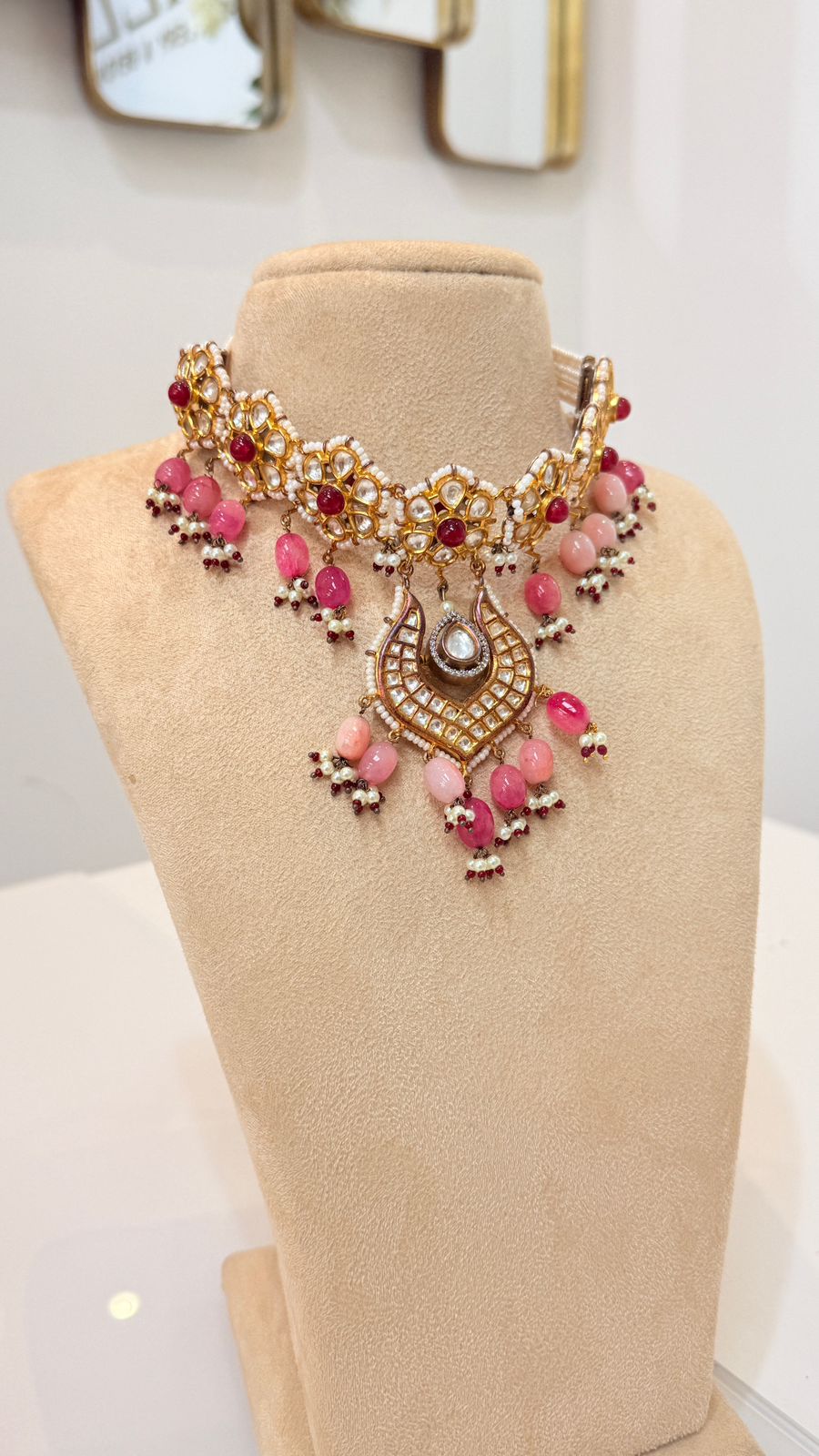 Pink Bead Kundan Choker Set with Matching Chandbali Earrings