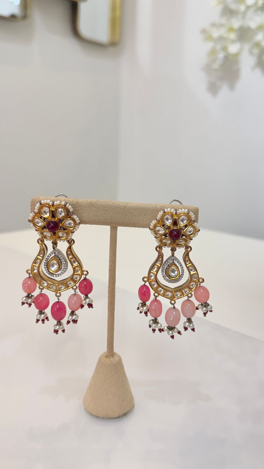 Pink Bead Kundan Choker Set with Matching Chandbali Earrings