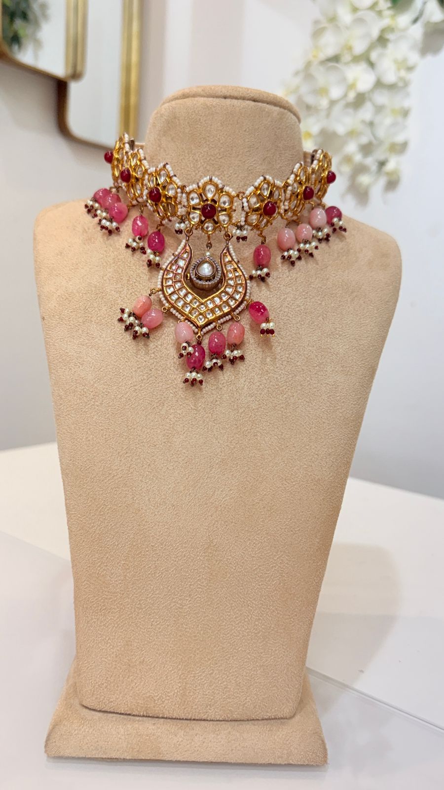 Pink Bead Kundan Choker Set with Matching Chandbali Earrings