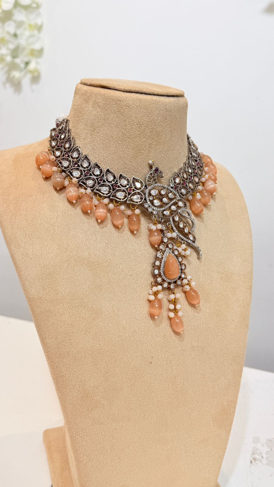 Peach Bead Peacock Choker Set with Matching Drop Earrings