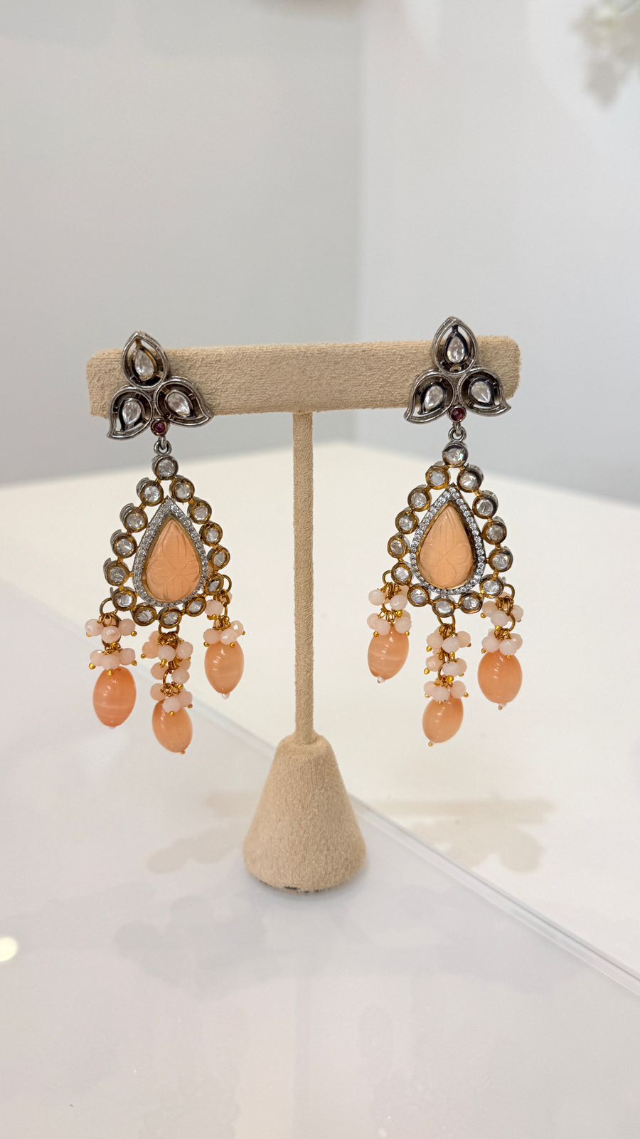 Peach Bead Peacock Choker Set with Matching Drop Earrings