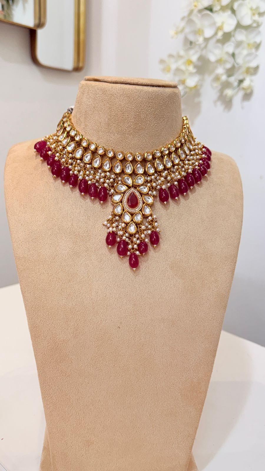 Ruby Red Kundan Choker Set with Pearl Detail Earrings
