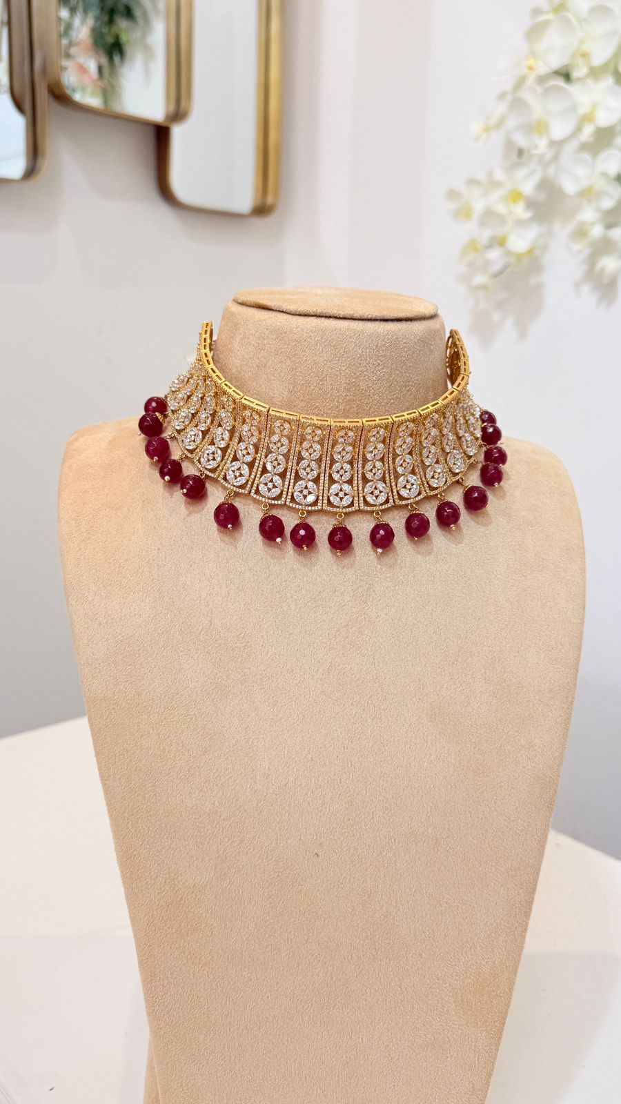 Ruby Bead Gold Crystal Choker Set with Diamond Drop Earrings